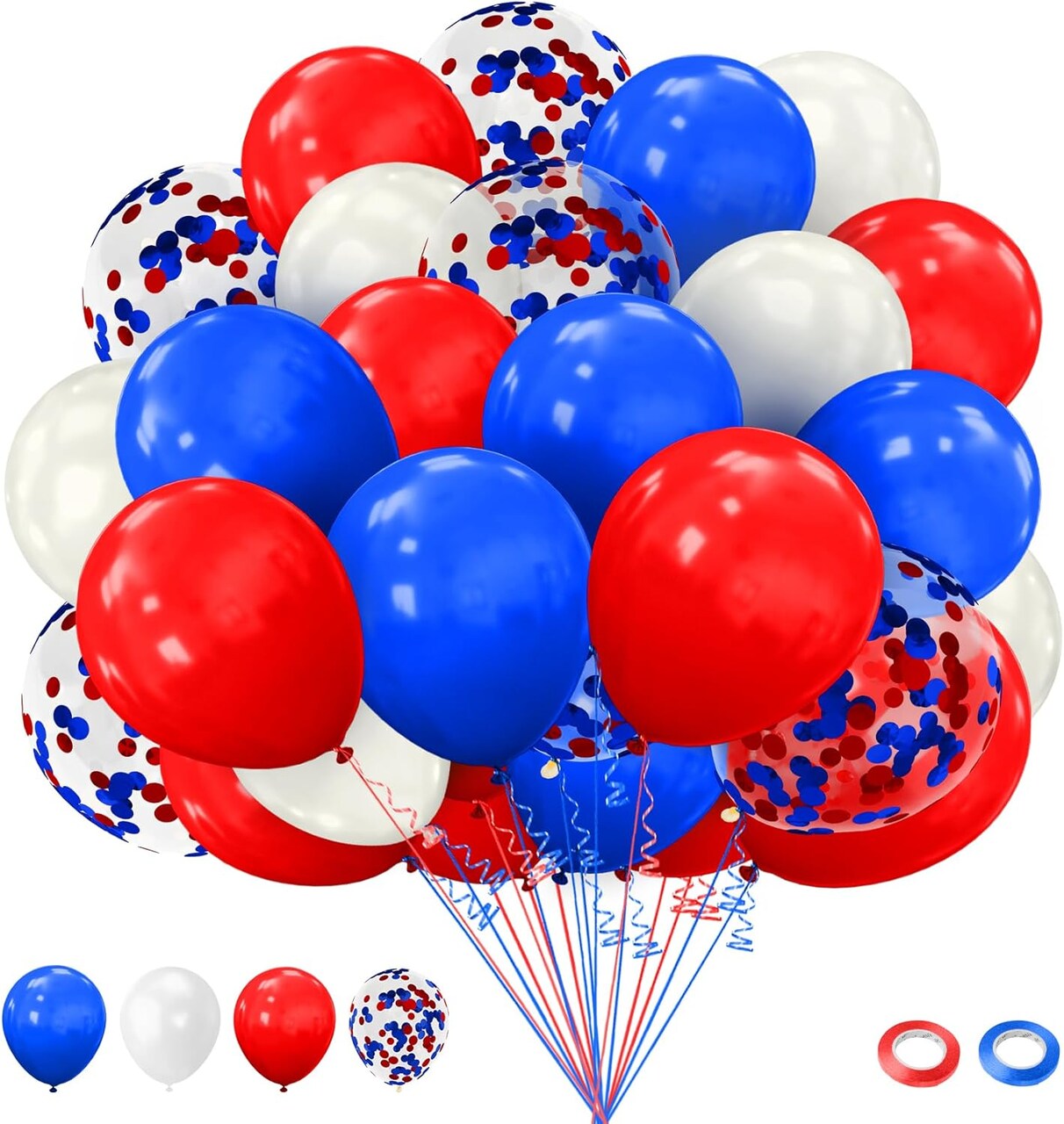 60pcs Red, White & Blue Balloons – 12” Patriotic Latex Balloons with Confetti for 4th of July, Independence Day, Memorial Day & Party Decorations